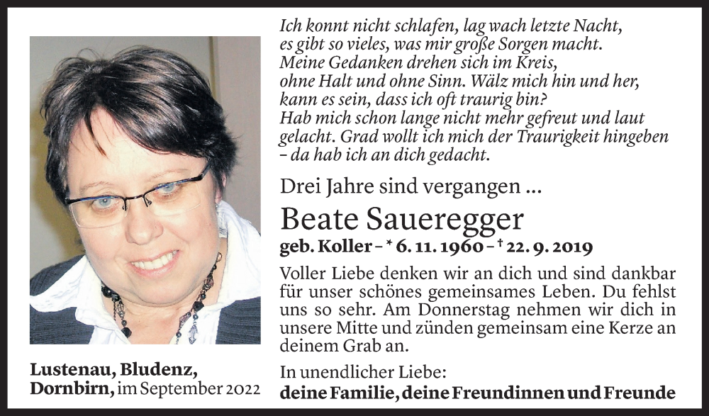  Todesanzeige für Beate Saueregger vom 20.09.2022 aus Vorarlberger Nachrichten