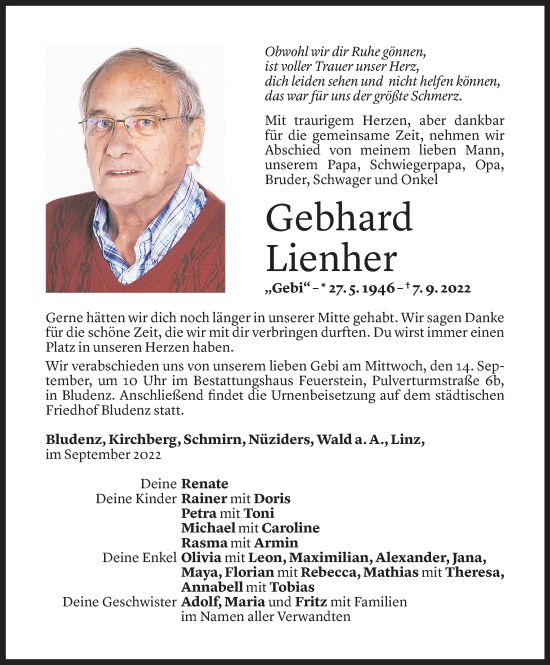 Todesanzeige von Gebhard Lienher von Vorarlberger Nachrichten