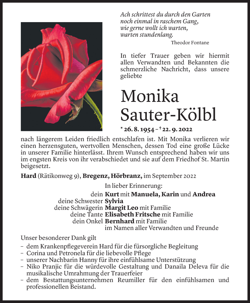  Todesanzeige für Monika Sauter vom 29.09.2022 aus Vorarlberger Nachrichten