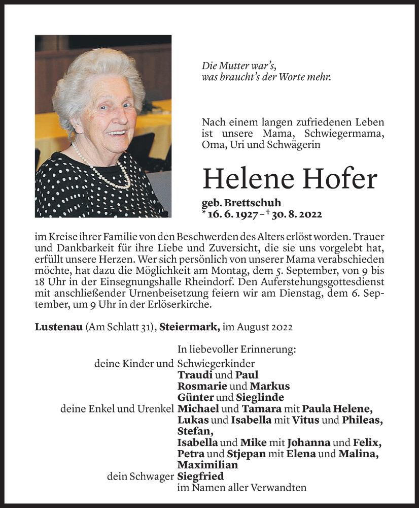 Todesanzeige für Helene Hofer vom 02.09.2022 aus Vorarlberger Nachrichten