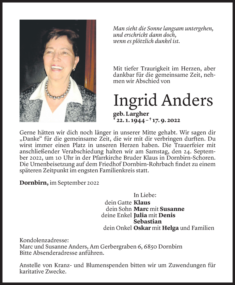  Todesanzeige für Ingrid Anders vom 21.09.2022 aus Vorarlberger Nachrichten
