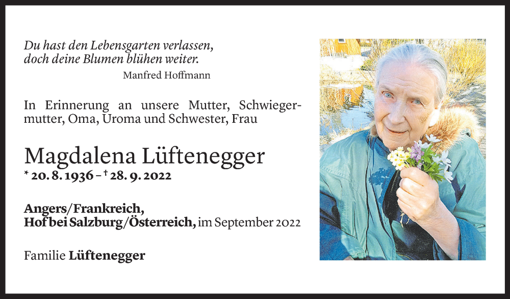  Todesanzeige für Magdalena Lüftenegger vom 01.10.2022 aus Vorarlberger Nachrichten