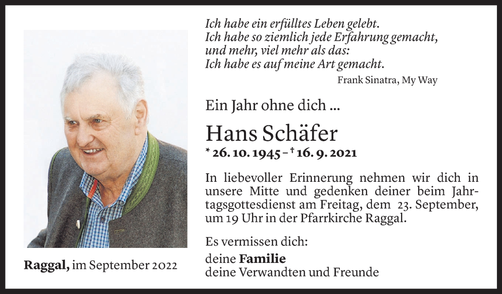  Todesanzeige für Hans Schäfer vom 20.09.2022 aus Vorarlberger Nachrichten