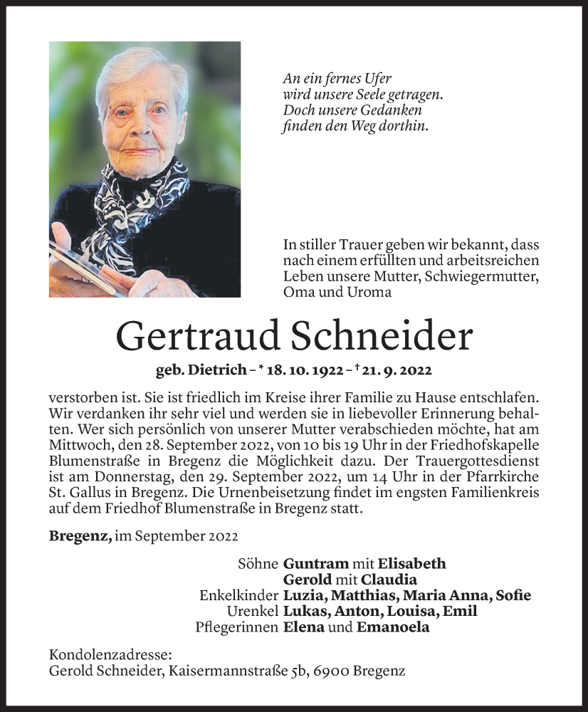  Todesanzeige für Gertraud Schneider vom 26.09.2022 aus Vorarlberger Nachrichten