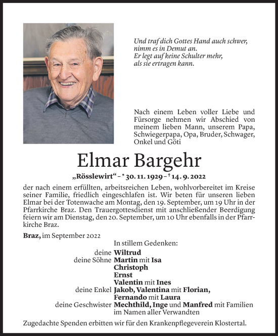 Todesanzeige von Elmar Bargehr von Vorarlberger Nachrichten