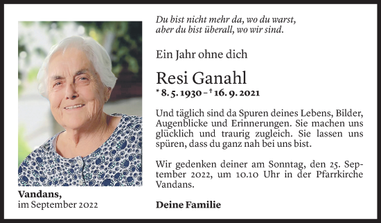 Todesanzeige von Resi Ganahl von Vorarlberger Nachrichten