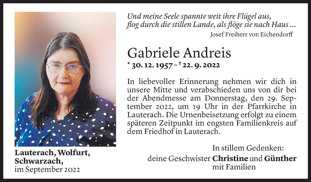  Todesanzeige für Gabriele Andreis vom 27.09.2022 aus Vorarlberger Nachrichten