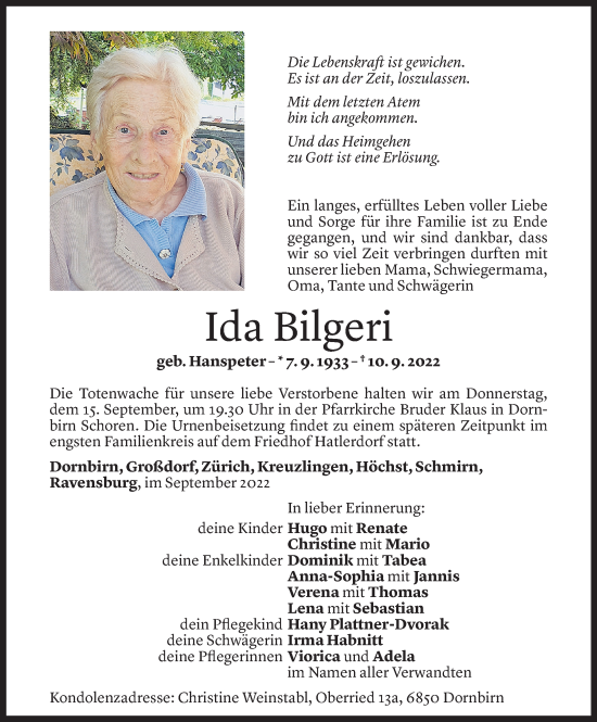 Todesanzeige von Ida Bilgeri von Vorarlberger Nachrichten