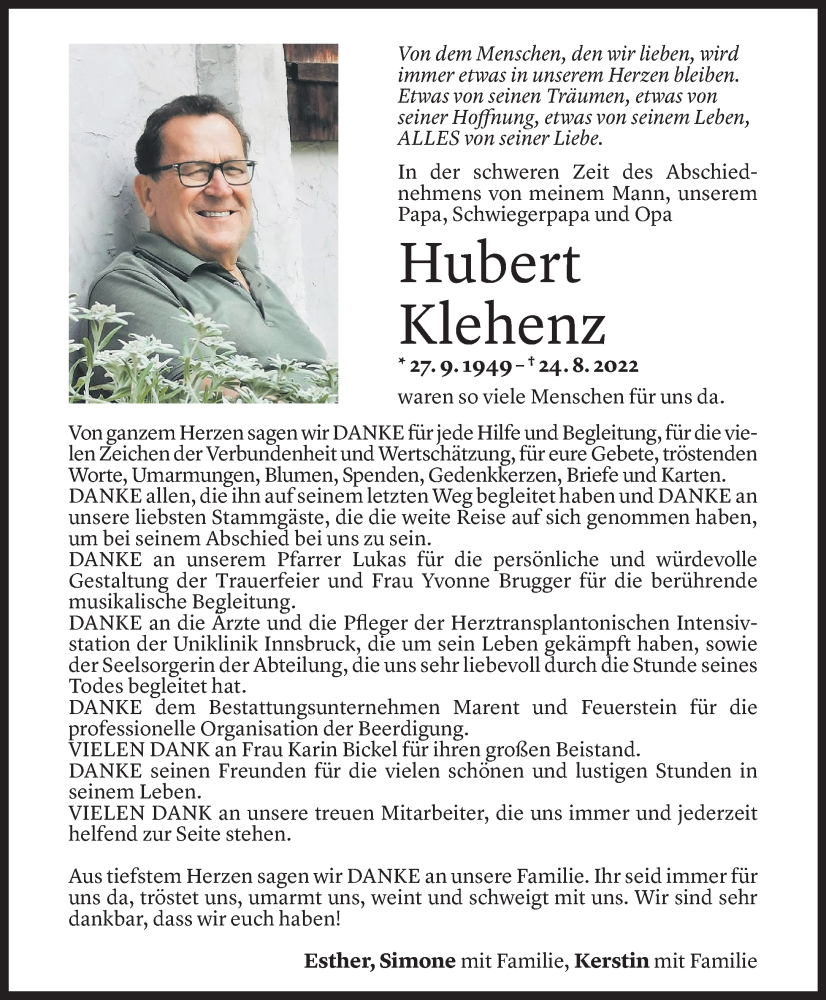  Todesanzeige für Hubert Klehenz vom 27.09.2022 aus Vorarlberger Nachrichten