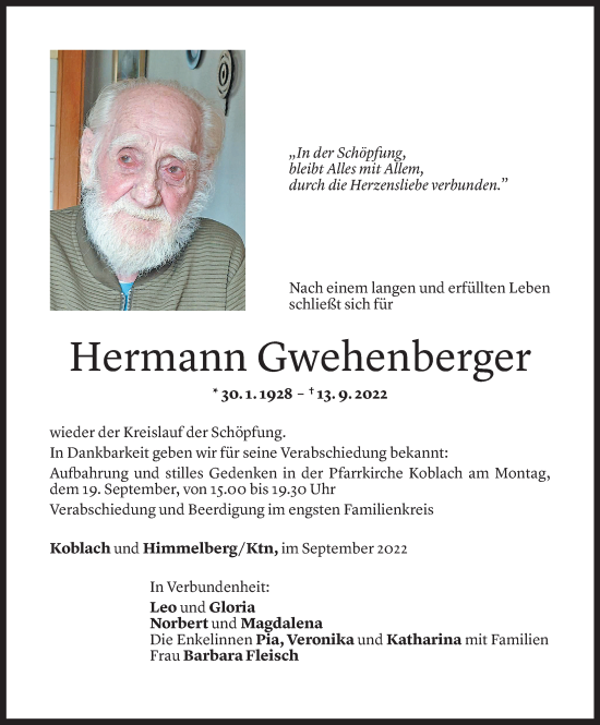 Todesanzeige von Hermann Gwehenberger von Vorarlberger Nachrichten