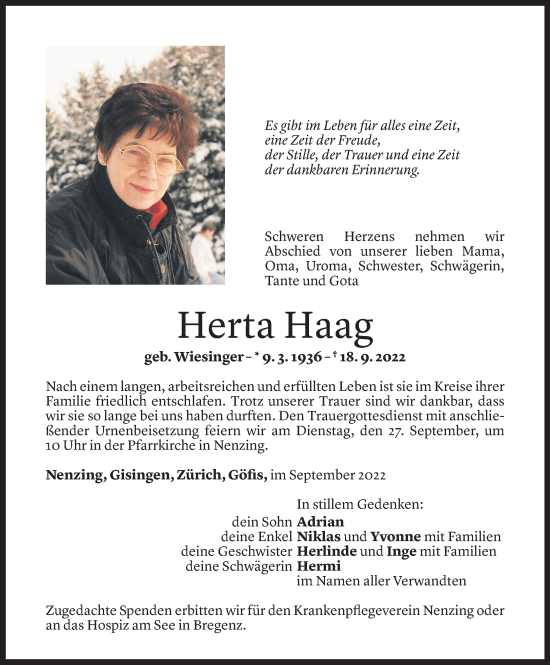 Todesanzeige von Herta Haag von Vorarlberger Nachrichten