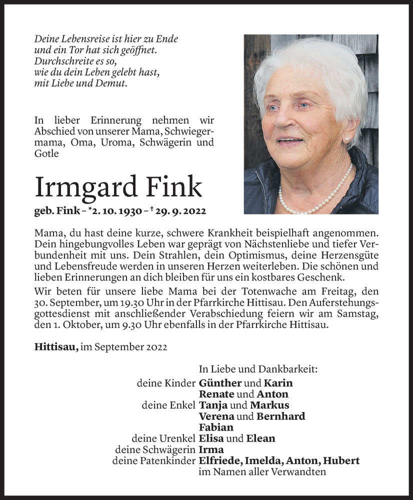  Todesanzeige für Irmgard Fink vom 29.09.2022 aus Vorarlberger Nachrichten