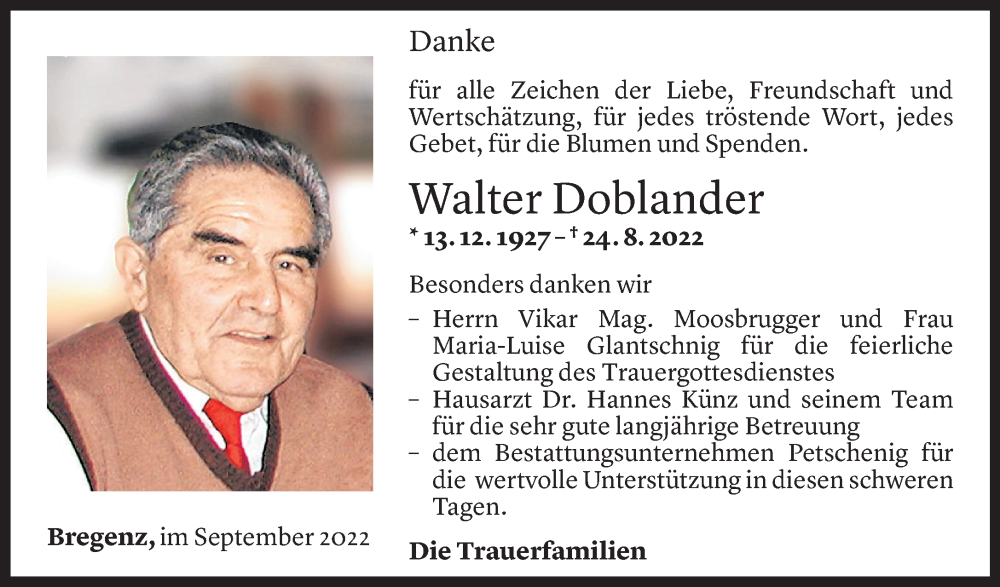  Todesanzeige für Walter Doblander vom 22.09.2022 aus Vorarlberger Nachrichten