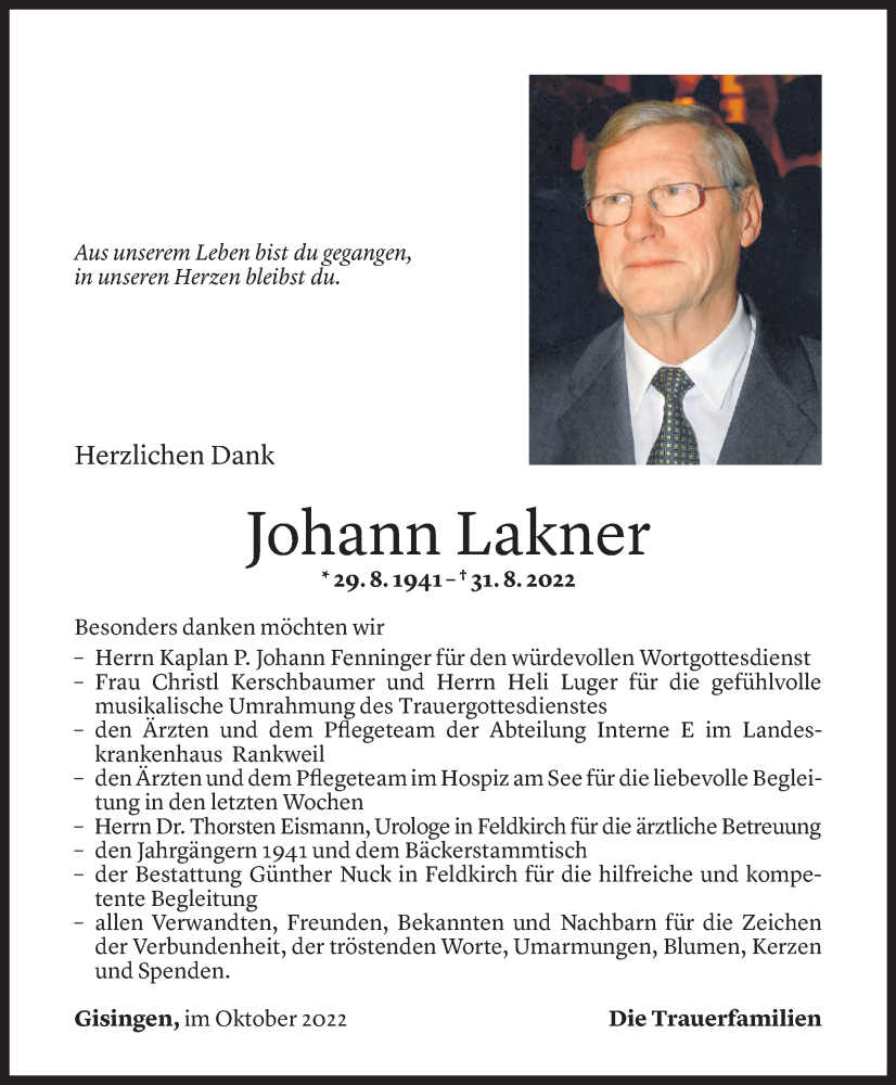  Todesanzeige für Johann Lakner vom 01.10.2022 aus Vorarlberger Nachrichten