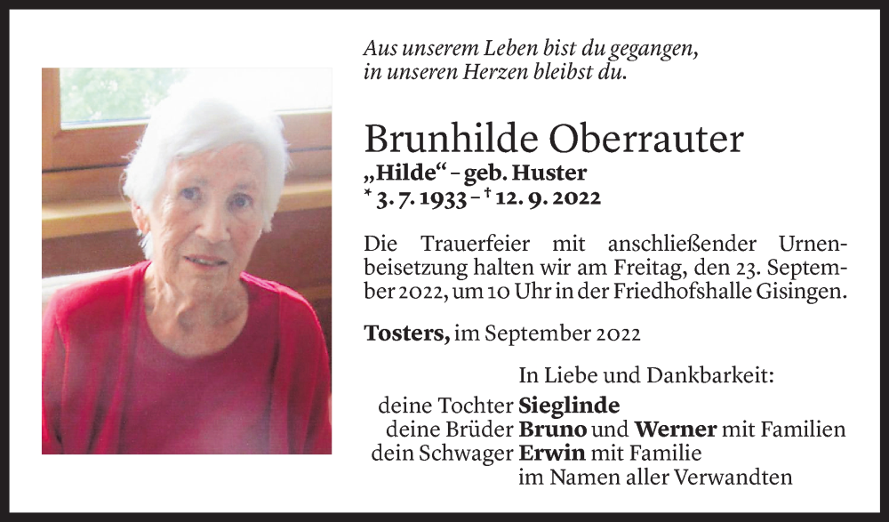  Todesanzeige für Brunhilde Oberrauter vom 20.09.2022 aus Vorarlberger Nachrichten