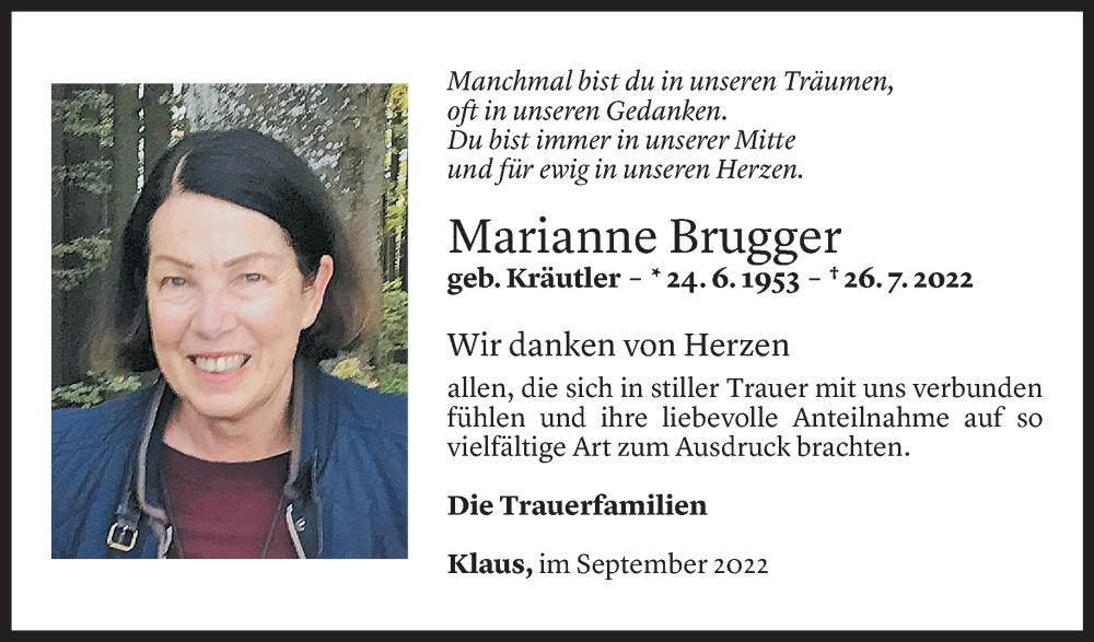  Todesanzeige für Marianne Brugger vom 16.09.2022 aus Vorarlberger Nachrichten