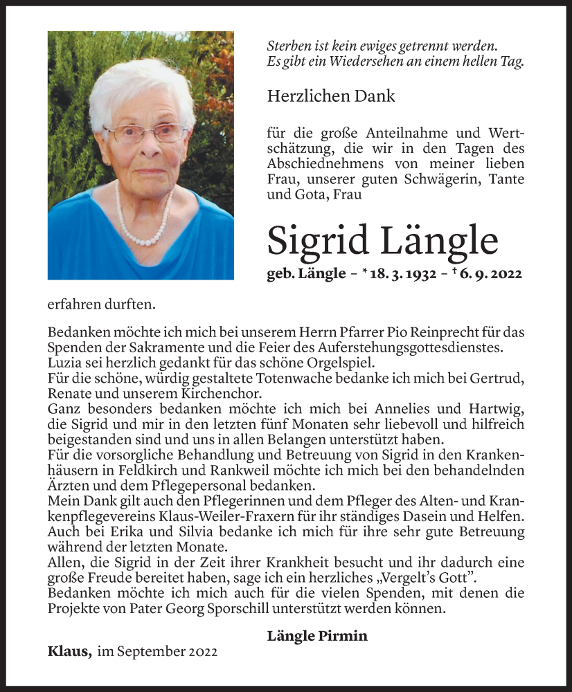  Todesanzeige für Sigrid Längle vom 23.09.2022 aus Vorarlberger Nachrichten