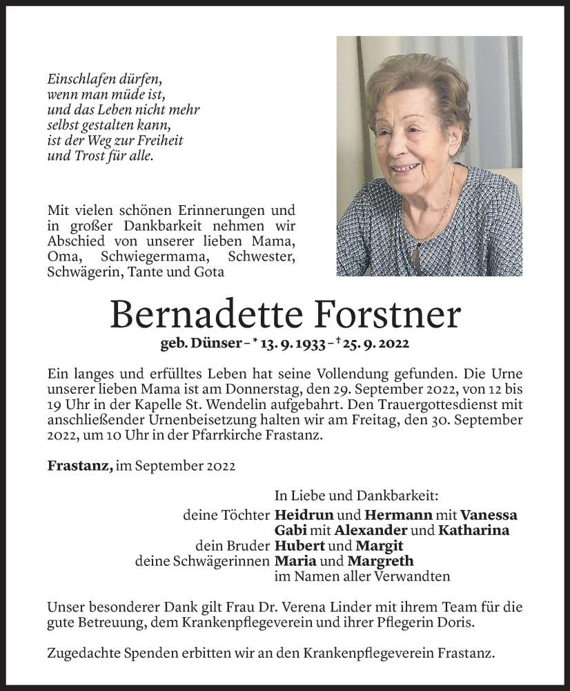  Todesanzeige für Bernadette Forstner vom 27.09.2022 aus Vorarlberger Nachrichten