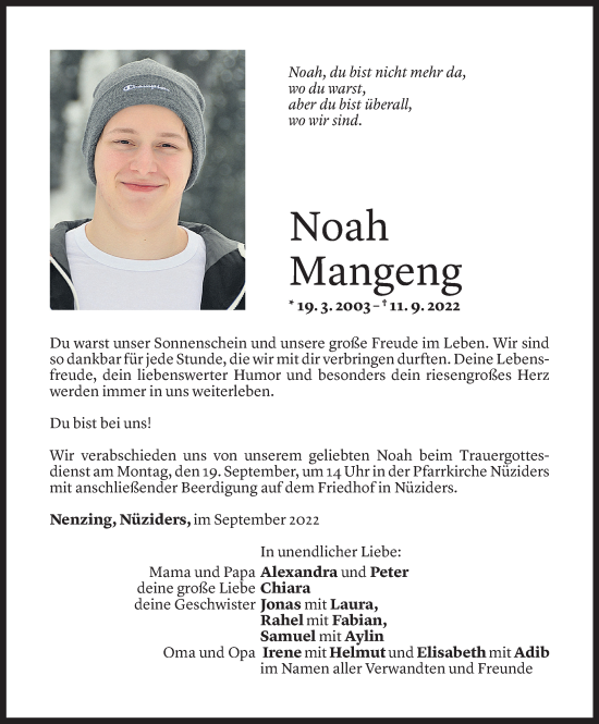 Todesanzeige von Noah Mangeng von Vorarlberger Nachrichten