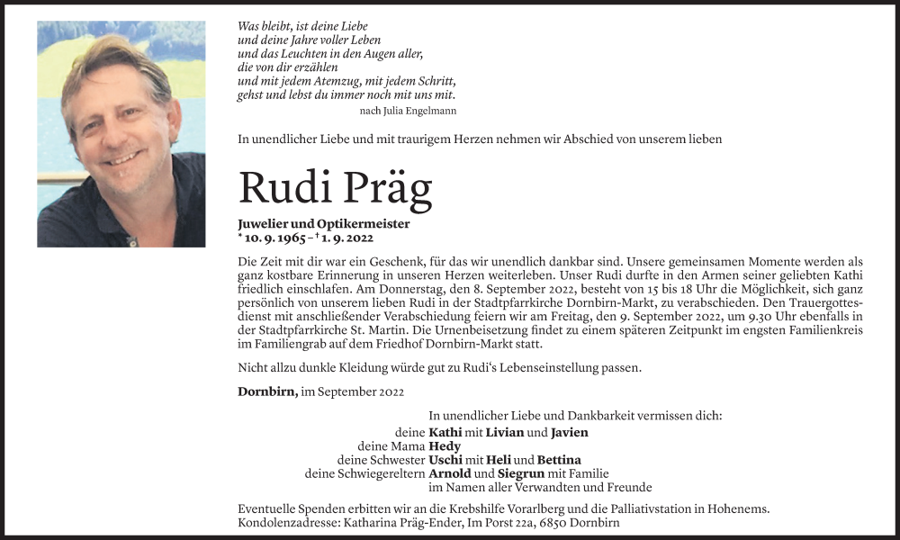  Todesanzeige für Rudi Präg vom 06.09.2022 aus Vorarlberger Nachrichten