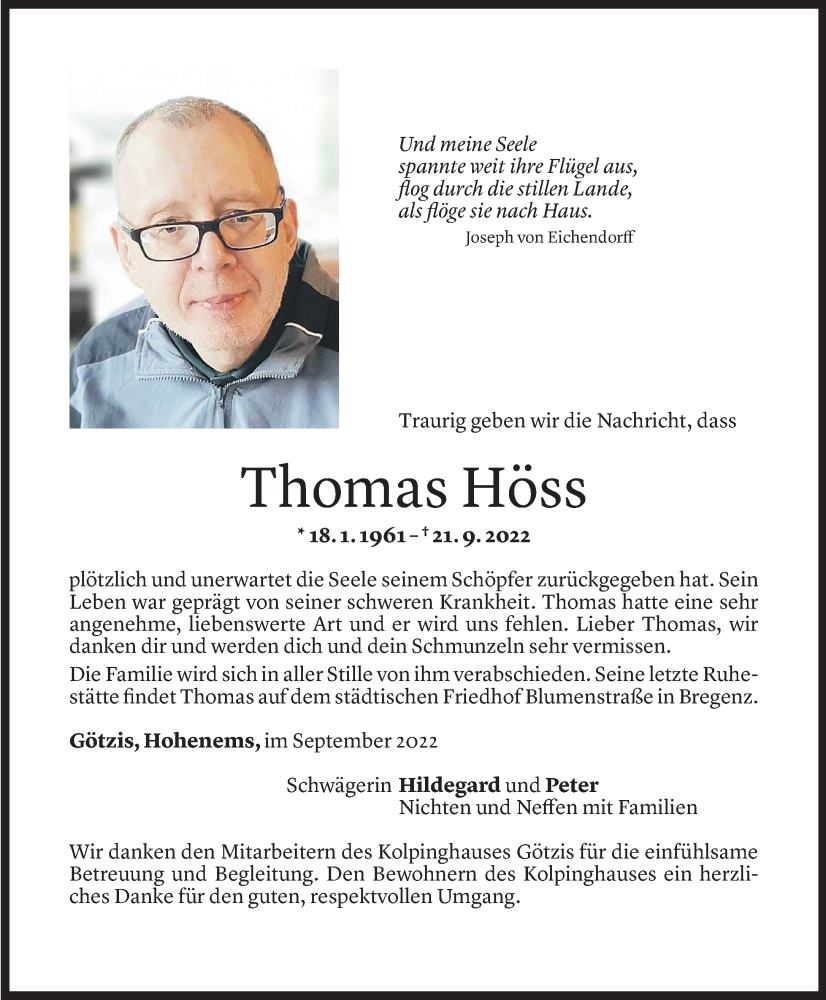  Todesanzeige für Thomas Höss vom 30.09.2022 aus Vorarlberger Nachrichten