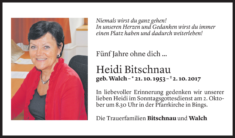  Todesanzeige für Heidi Bitschnau vom 30.09.2022 aus Vorarlberger Nachrichten