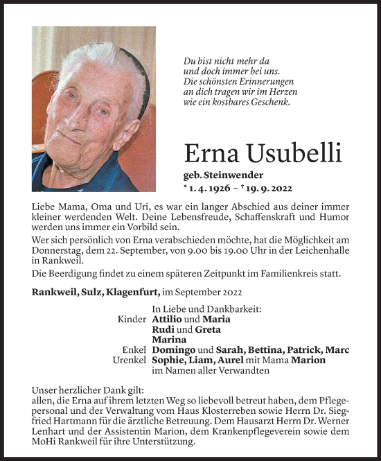 Todesanzeige von Erna Usubelli von Vorarlberger Nachrichten