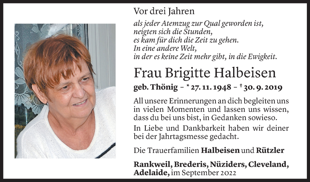  Todesanzeige für Brigitte Halbeisen vom 30.09.2020 aus Vorarlberger Nachrichten