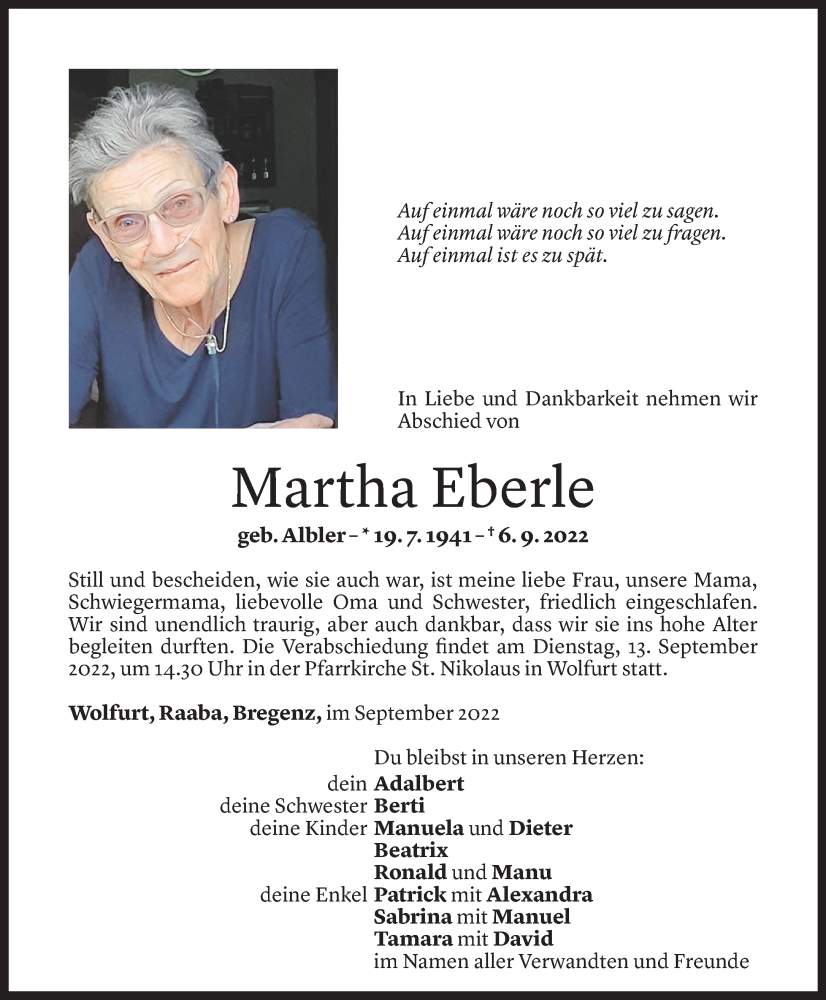  Todesanzeige für Martha Eberle vom 09.09.2022 aus Vorarlberger Nachrichten
