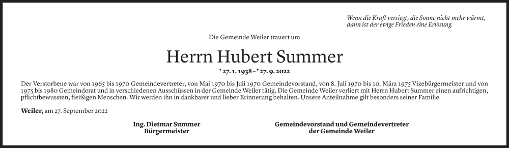 Todesanzeige für Hubert Summer vom 01.10.2022 aus Vorarlberger Nachrichten