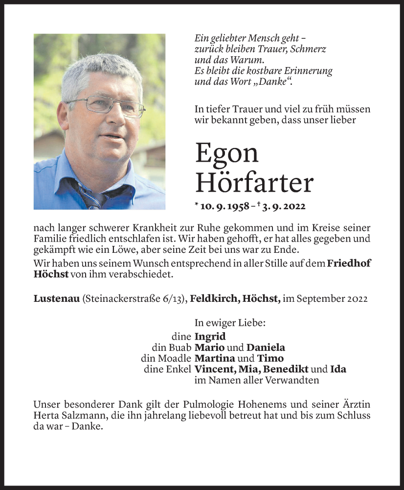  Todesanzeige für Egon Hörfarter vom 09.09.2022 aus Vorarlberger Nachrichten