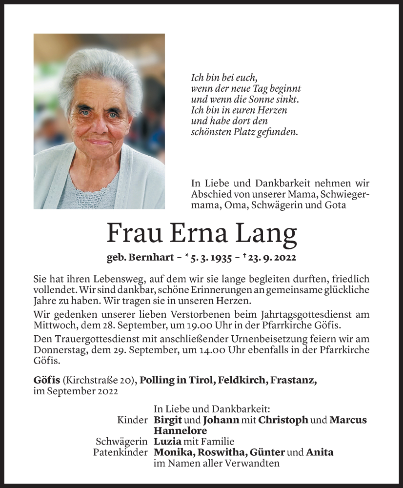  Todesanzeige für Erna Lang vom 27.09.2022 aus Vorarlberger Nachrichten