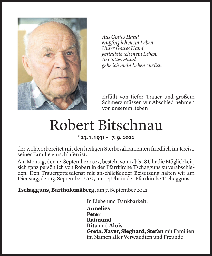  Todesanzeige für Robert Bitschnau vom 09.09.2022 aus Vorarlberger Nachrichten