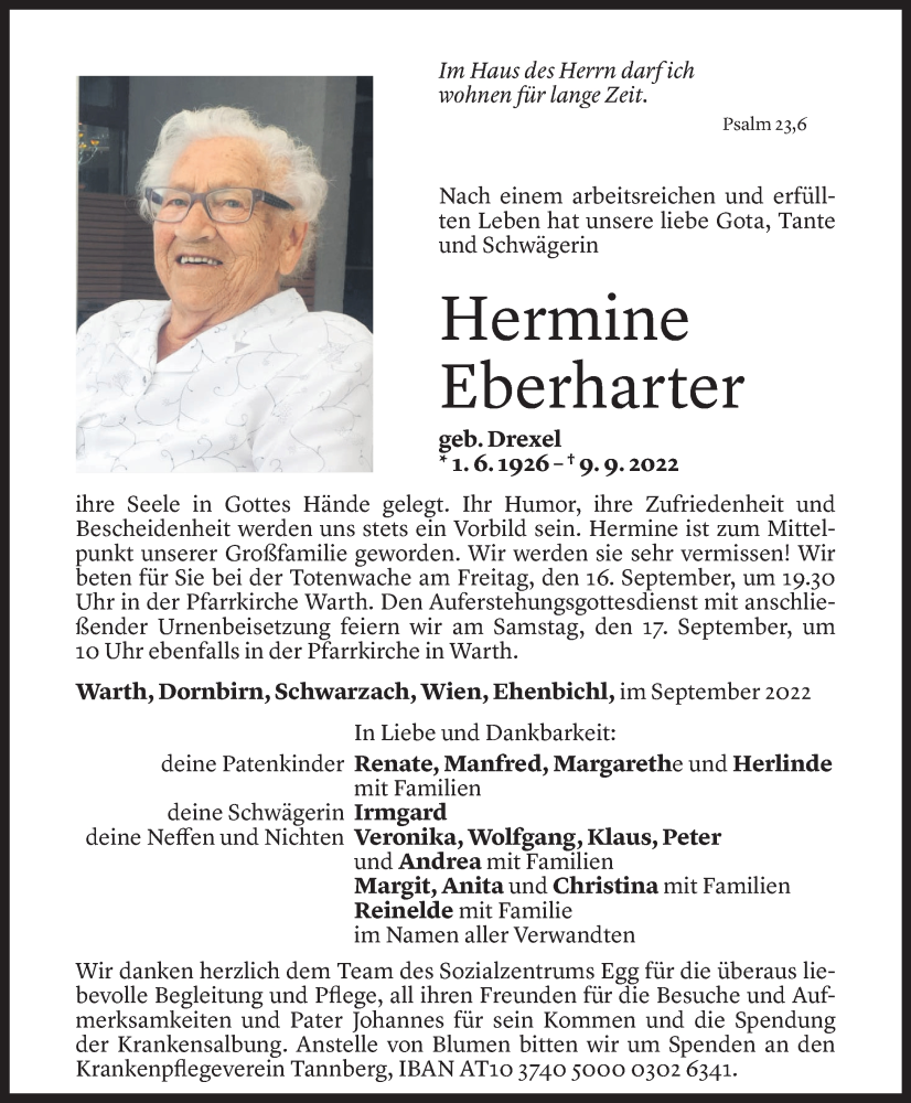  Todesanzeige für Hermine Eberharter vom 15.09.2022 aus Vorarlberger Nachrichten