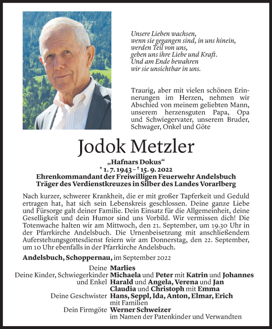 Todesanzeige von Jodok Metzler von Vorarlberger Nachrichten