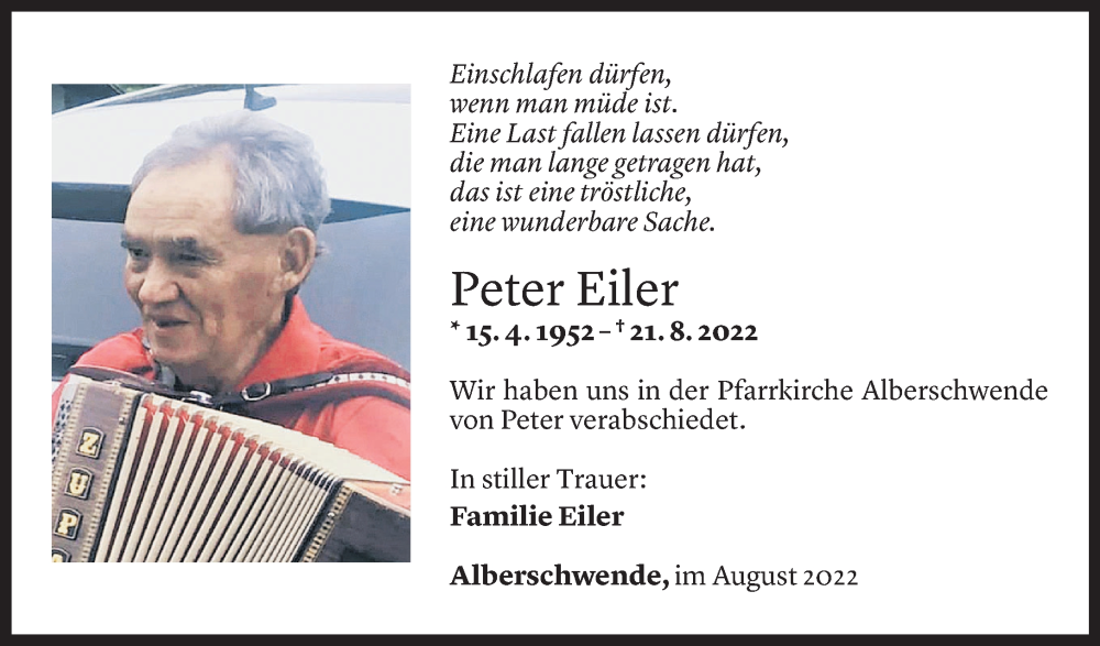  Todesanzeige für Peter Eiler vom 09.09.2022 aus Vorarlberger Nachrichten
