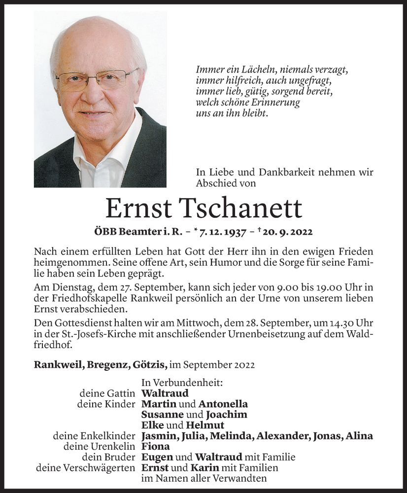  Todesanzeige für Ernst Tschanett vom 24.09.2022 aus Vorarlberger Nachrichten