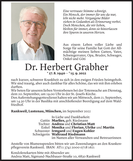 Todesanzeige von Herbert Grabher von Vorarlberger Nachrichten