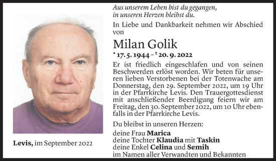 Todesanzeige von Milan Golik von Vorarlberger Nachrichten