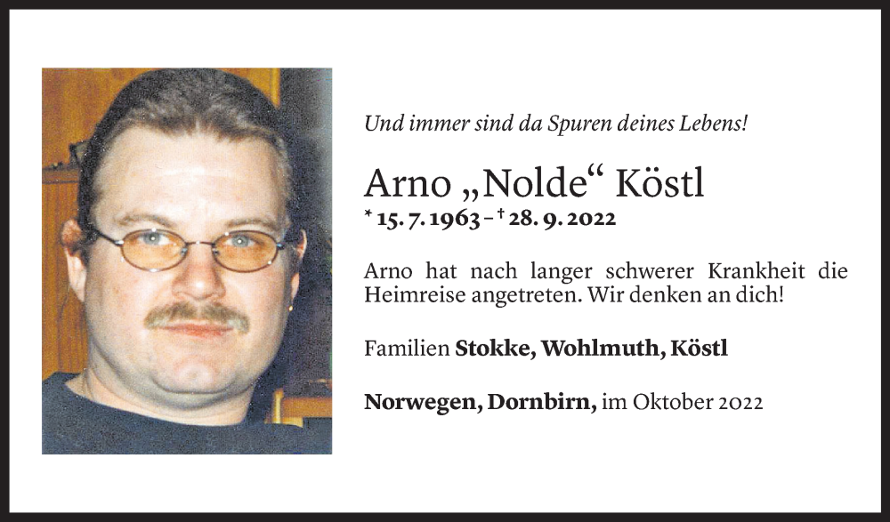  Todesanzeige für Arno Köstl vom 01.10.2022 aus Vorarlberger Nachrichten