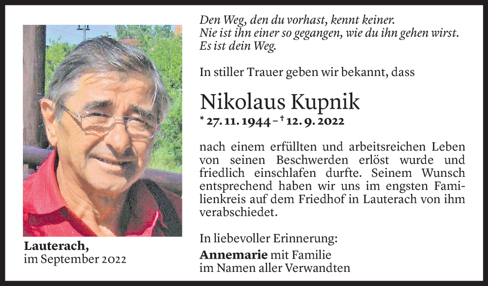  Todesanzeige für Nikolaus Kupnik vom 21.09.2022 aus Vorarlberger Nachrichten