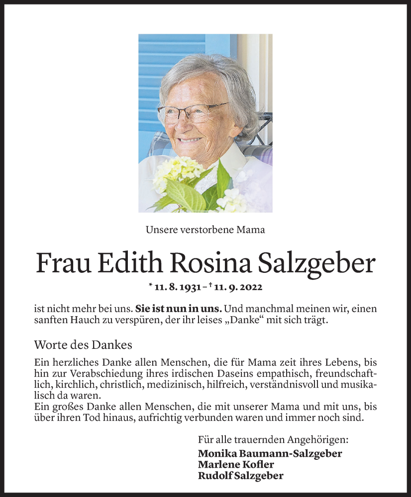  Todesanzeige für Edith Rosina Salzgeber vom 29.09.2022 aus Vorarlberger Nachrichten