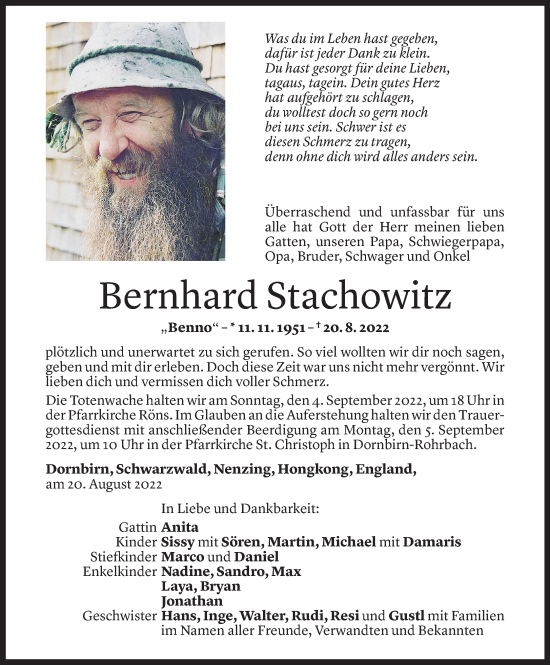 Todesanzeige von Bernhard Stachowitz von Vorarlberger Nachrichten
