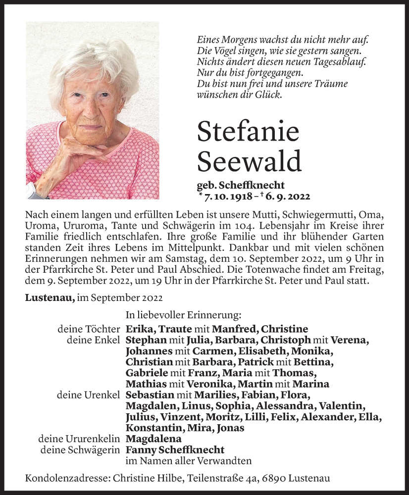  Todesanzeige für Stefanie Seewald vom 07.09.2022 aus Vorarlberger Nachrichten