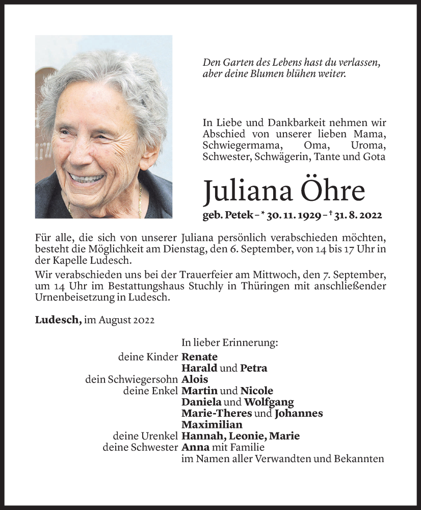  Todesanzeige für Juliana Öhre vom 02.09.2022 aus Vorarlberger Nachrichten