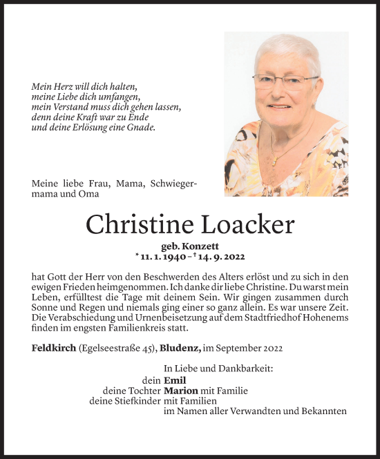 Todesanzeige von Christine Loacker von Vorarlberger Nachrichten