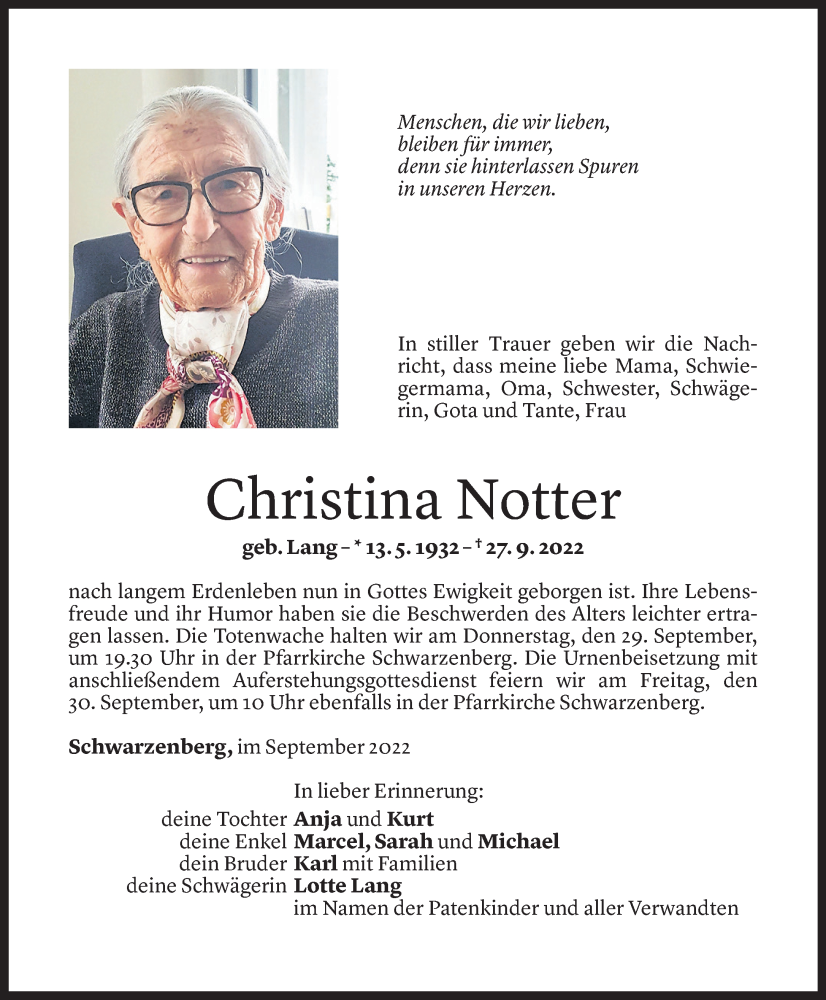  Todesanzeige für Christina Notter vom 28.09.2022 aus Vorarlberger Nachrichten