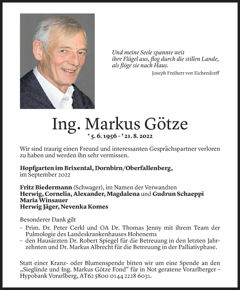  Todesanzeige für Markus Götze vom 24.09.2022 aus Vorarlberger Nachrichten