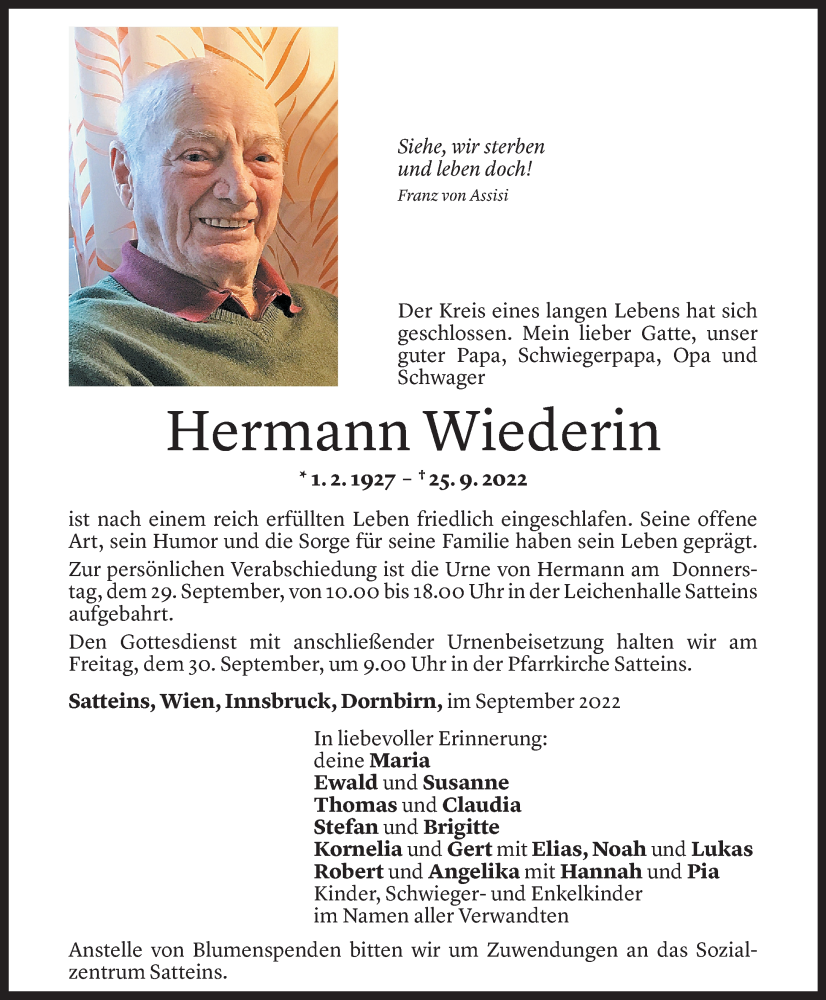  Todesanzeige für Hermann Wiederin vom 28.09.2022 aus Vorarlberger Nachrichten