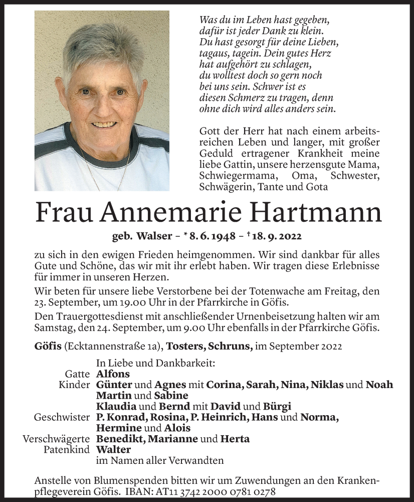  Todesanzeige für Annemarie Hartmann vom 22.09.2022 aus Vorarlberger Nachrichten